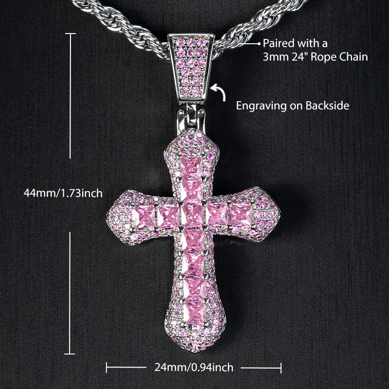 Oneswear® Iced Pink Princess Cut Cross Pendant