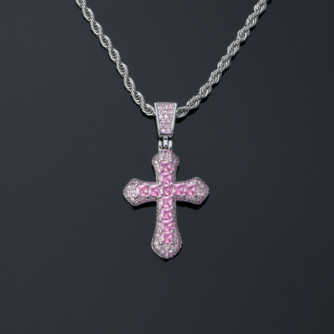 Oneswear® Iced Pink Princess Cut Cross Pendant