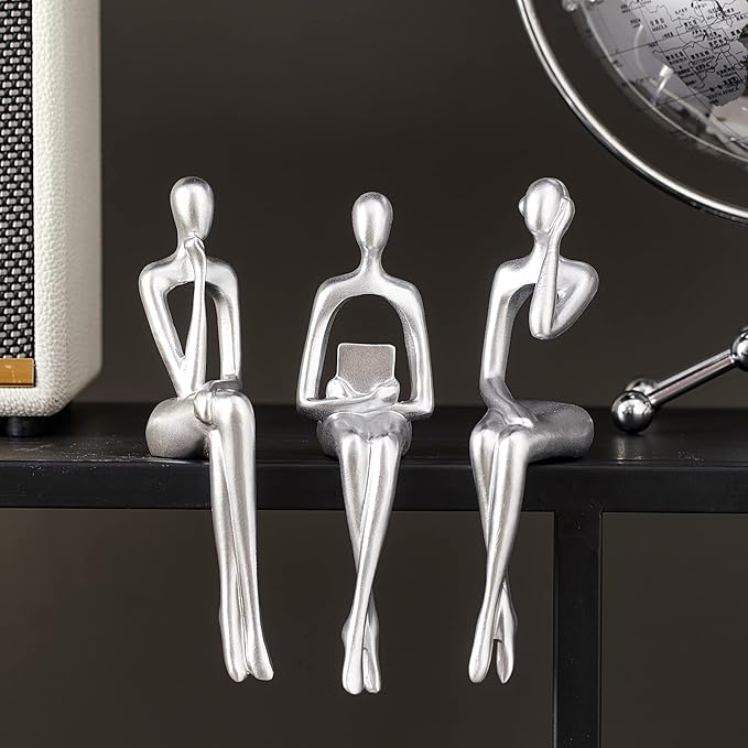 Silver Decor Thinker Statue Ornaments Abstract Decor Sculptures Resin Statue Modern Decorative Objects Desk Decor Small Shelf Decor Figurines Home Decorations for Living Room