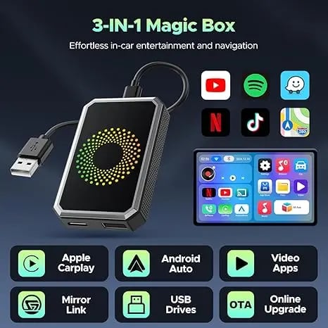 CILIFER® Wired to Wireless Carplay Adapter with Built-in Netflix/YouTube/TikTok APP to Play Video on a Car Screen (DO Not Support Vehicles with Built-in Wireless CarPlay). For iPhone 8-15 & Android 11+