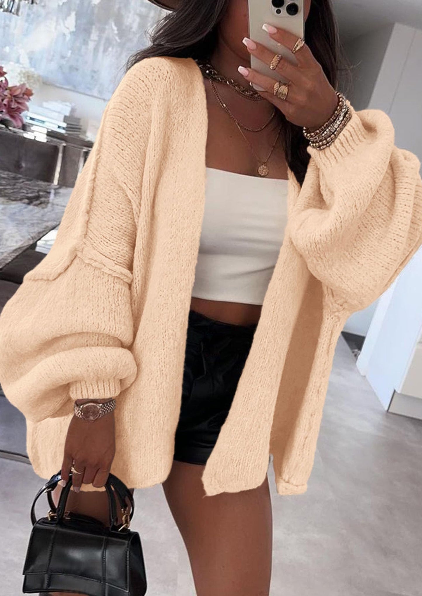 SFRCORD® Womens Oversized Cardigan Sweaters Fall Long Lantern Sleeve Knit Open Front Lightweight Sweater