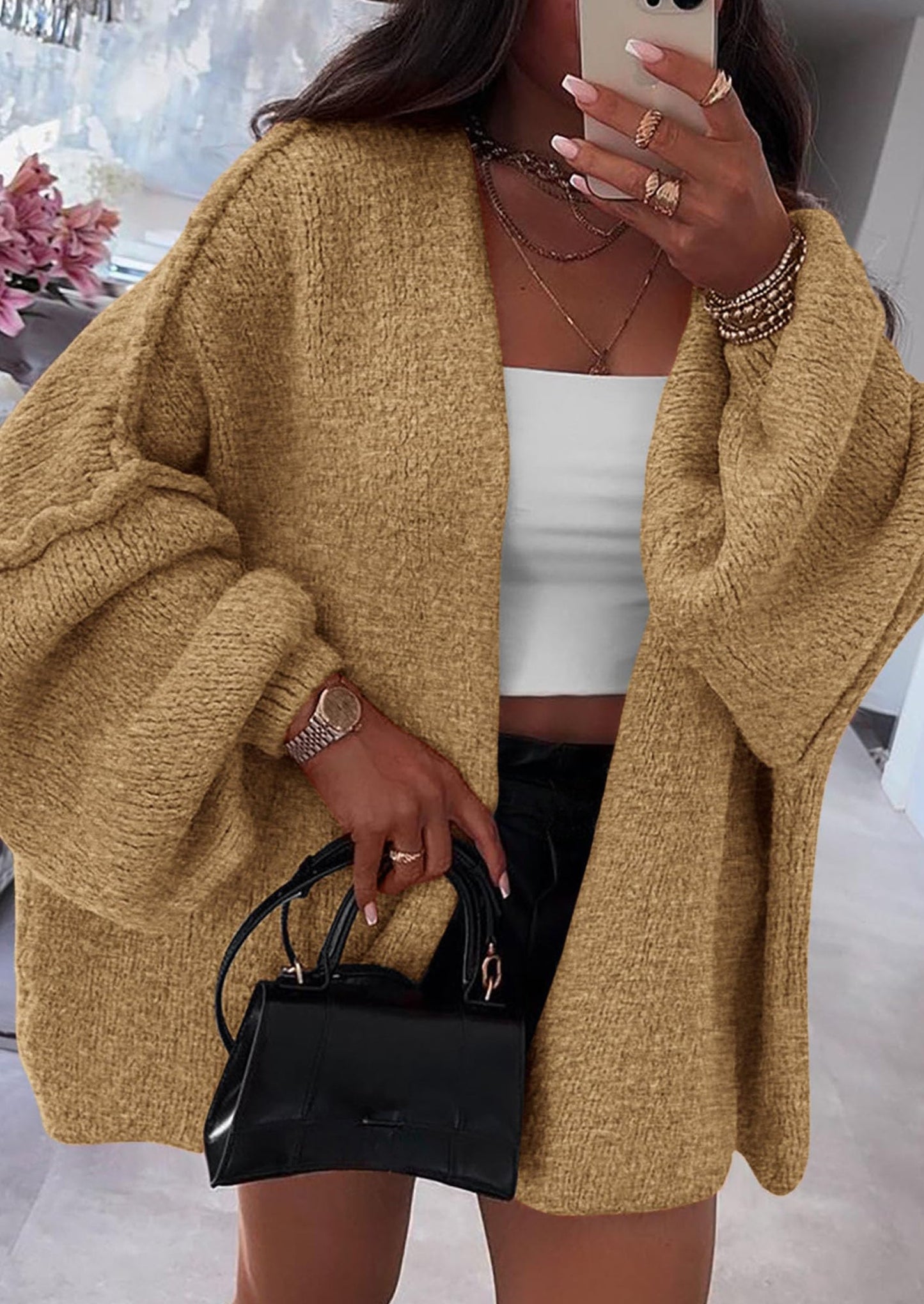 SFRCORD® Womens Oversized Cardigan Sweaters Fall Long Lantern Sleeve Knit Open Front Lightweight Sweater