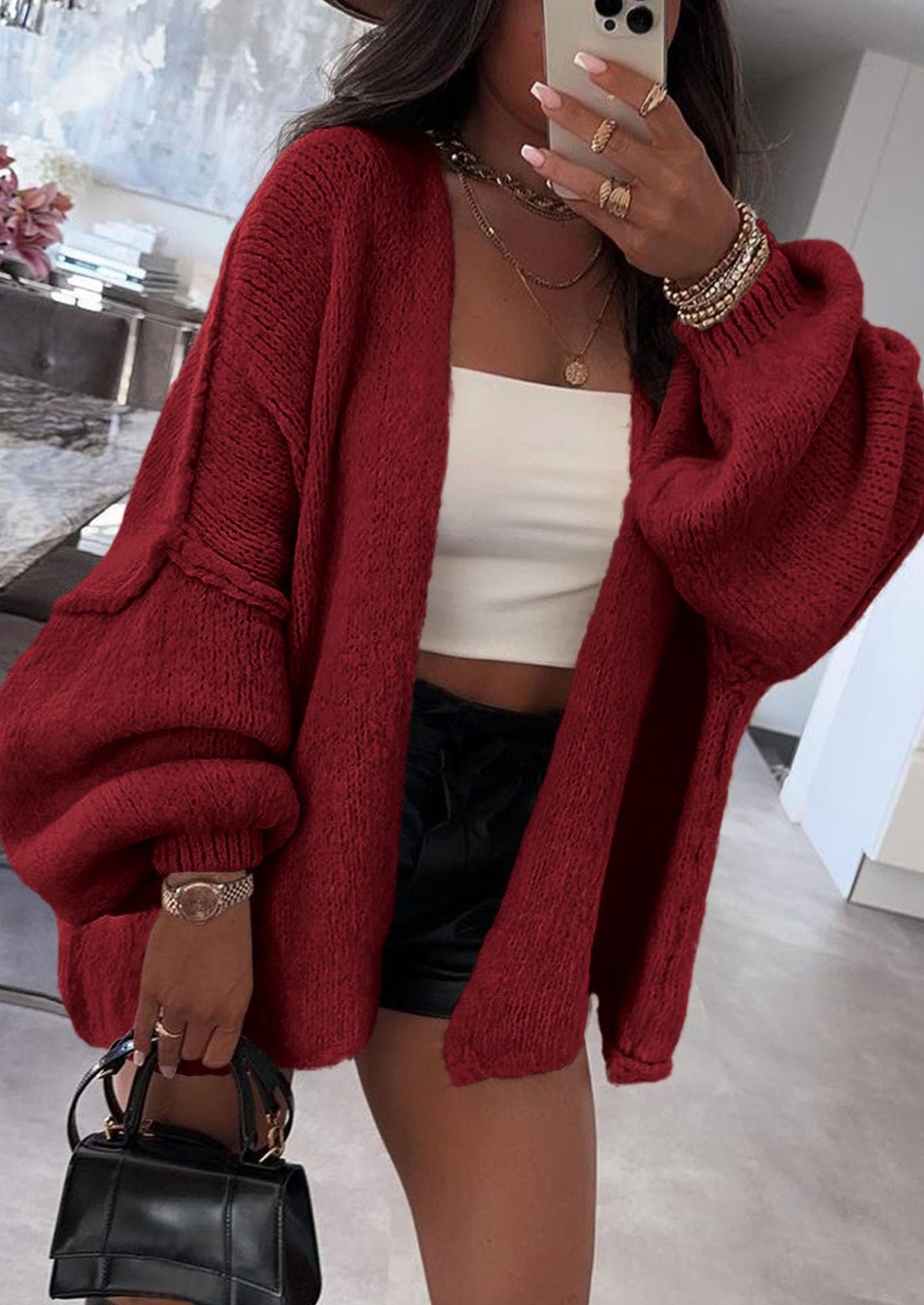 SFRCORD® Womens Oversized Cardigan Sweaters Fall Long Lantern Sleeve Knit Open Front Lightweight Sweater